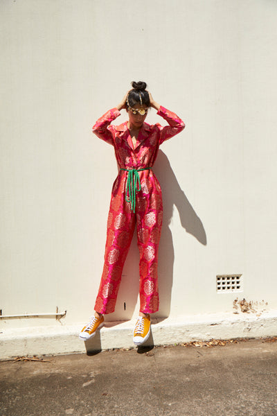 ROSA JUMPSUIT, FUCHSIA SILK BROCADE