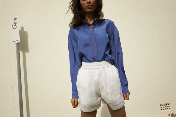 CHANDERI SILK HAND EMBROIDERY SHORTS, WHITE