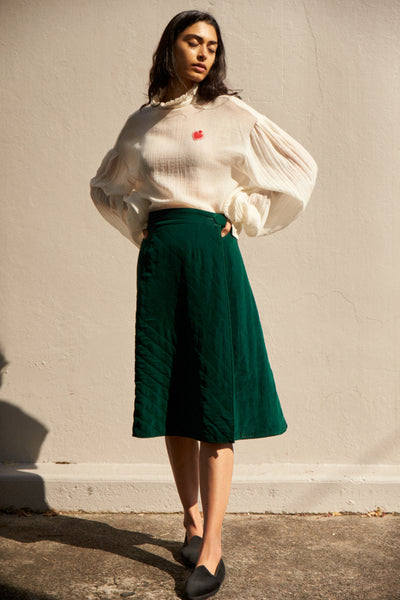 FOREST SKIRT, QUILTED GREEN VELVET