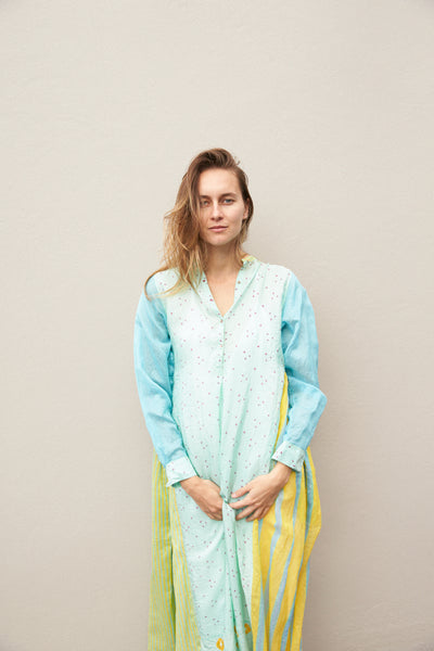 FLOWER SHIRT DRESS, BLUE COTTON/SILK