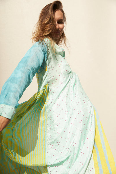 FLOWER SHIRT DRESS, BLUE COTTON/SILK