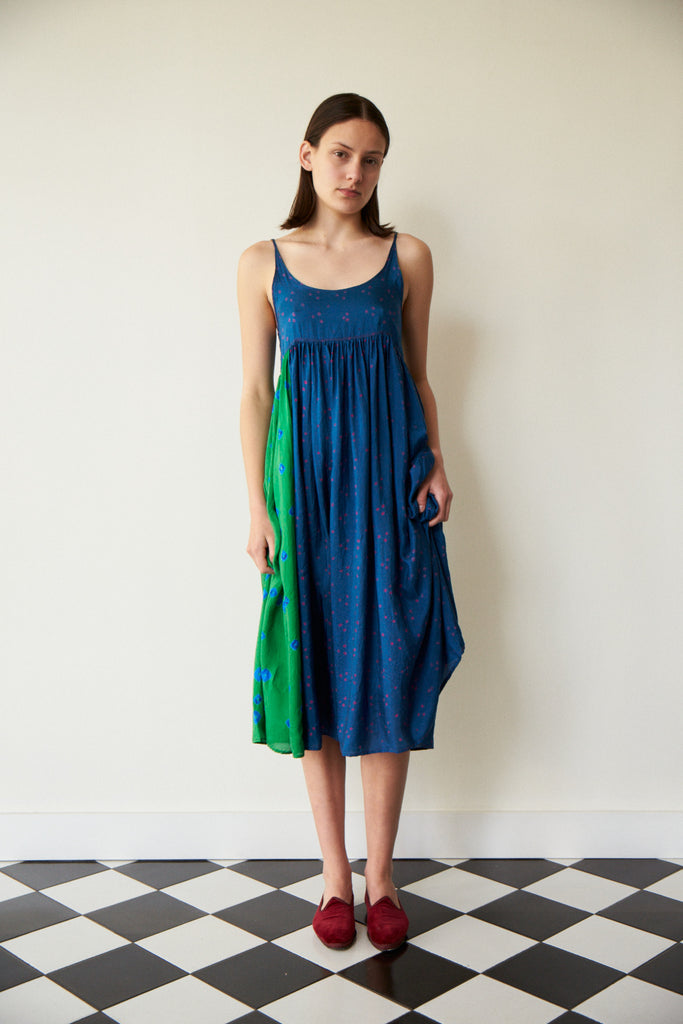 NAAYVA BABYDOLL SLIP DRESS, IKAT BLUE/GREEN SILK