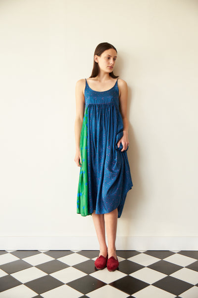 NAAYVA BABYDOLL SLIP DRESS, IKAT BLUE/GREEN SILK