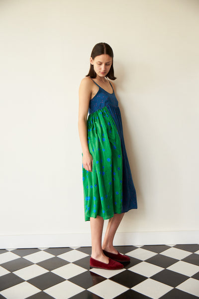 NAAYVA BABYDOLL SLIP DRESS, IKAT BLUE/GREEN SILK