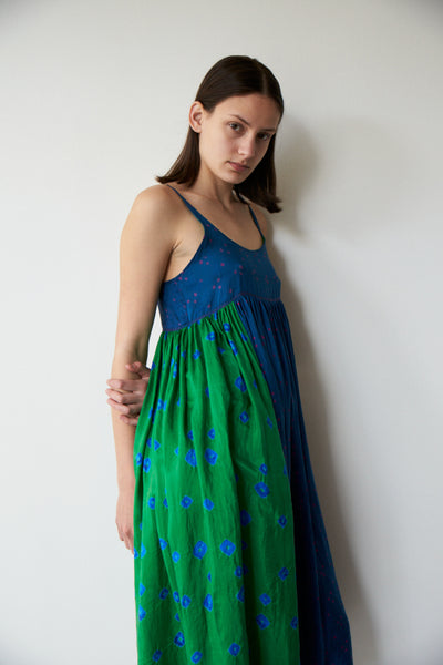 NAAYVA BABYDOLL SLIP DRESS, IKAT BLUE/GREEN SILK