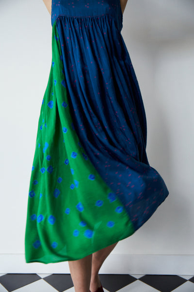 NAAYVA BABYDOLL SLIP DRESS, IKAT BLUE/GREEN SILK
