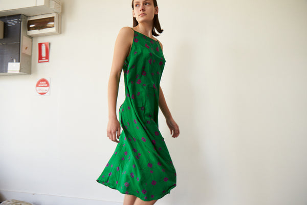 SHEKHA SLIP DRESS, GREEN TIE-DYE SILK