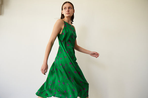 SHEKHA SLIP DRESS, GREEN TIE-DYE SILK