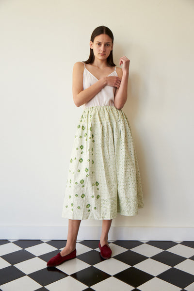 MEADOW A LINE  SKIRT, TIE DYE EMERALD ON CREAM