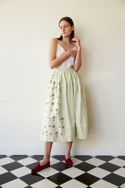 MEADOW A LINE  SKIRT, TIE DYE EMERALD ON CREAM