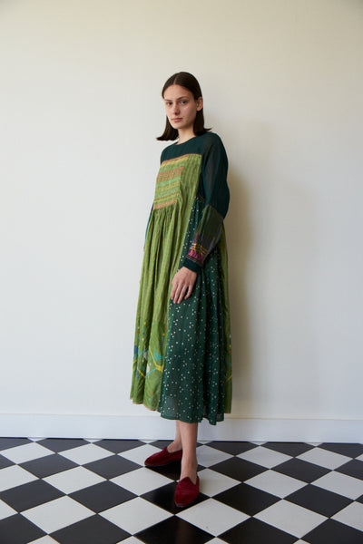 IMARA BABYDOLL DRESS, GREEN EMBROIDERY TIE & DYE