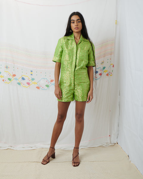 GAYATRI PLAYSUIT, LIME // GOLD SILK BROCADE