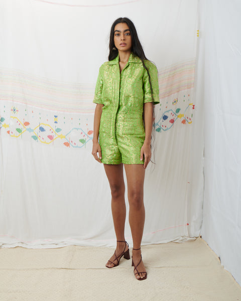 GAYATRI PLAYSUIT, LIME // GOLD SILK BROCADE