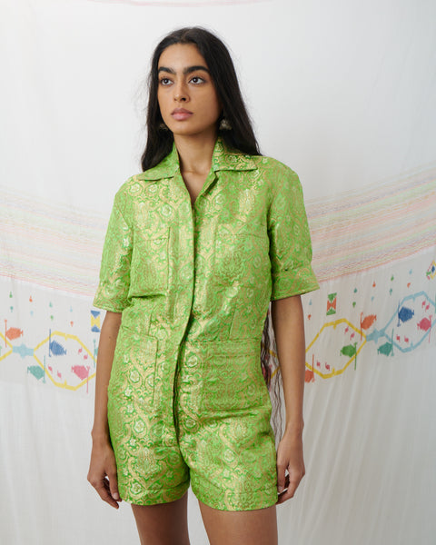 GAYATRI PLAYSUIT, LIME // GOLD SILK BROCADE