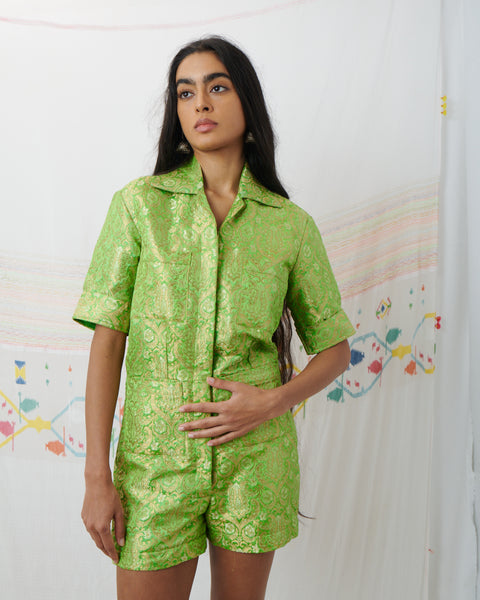 GAYATRI PLAYSUIT, LIME // GOLD SILK BROCADE