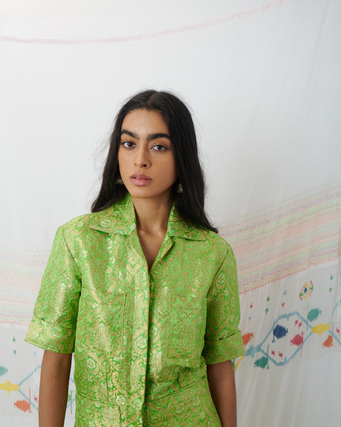 GAYATRI PLAYSUIT, LIME // GOLD SILK BROCADE