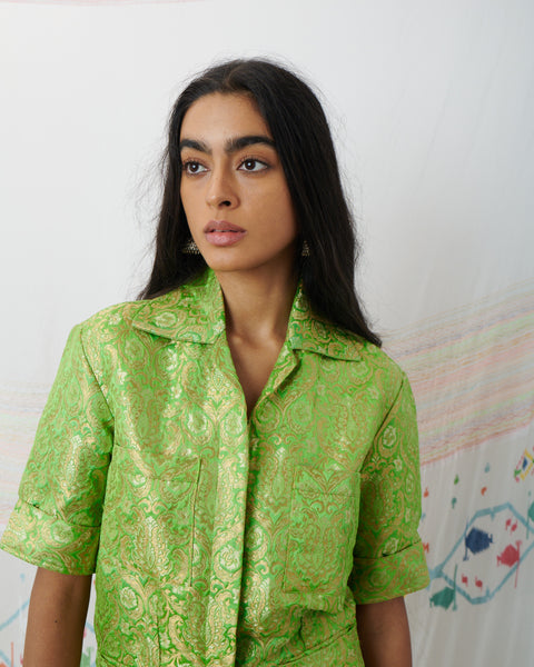 GAYATRI PLAYSUIT, LIME // GOLD SILK BROCADE