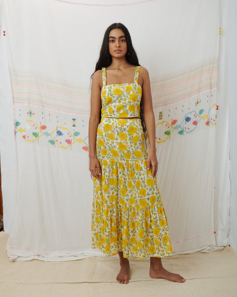 CHAMBAL SKIRT, MARIGOLD FLORAL BLOCKPRINT