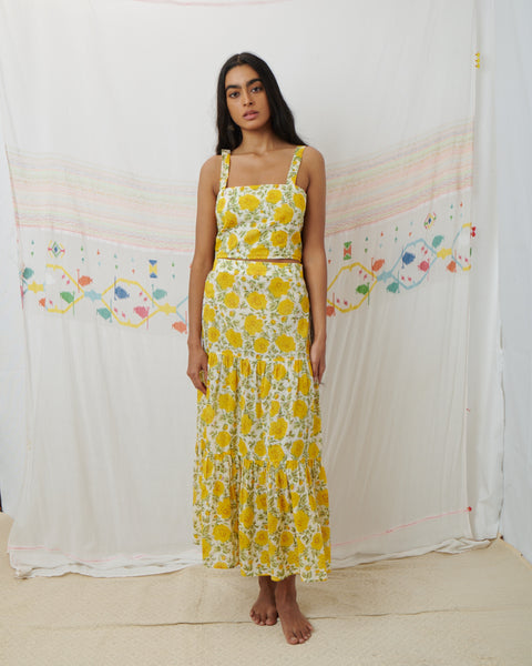 CHAMBAL SKIRT, MARIGOLD FLORAL BLOCKPRINT