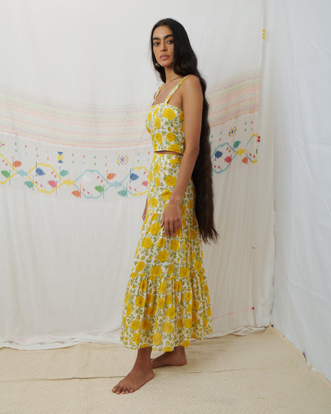 CHAMBAL SKIRT, MARIGOLD FLORAL BLOCKPRINT