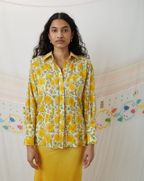 ILA SHIRT, MARIGOLD FLORAL COTTON