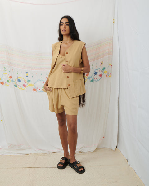 JODHPUR VEST, TAN COTTON LINEN