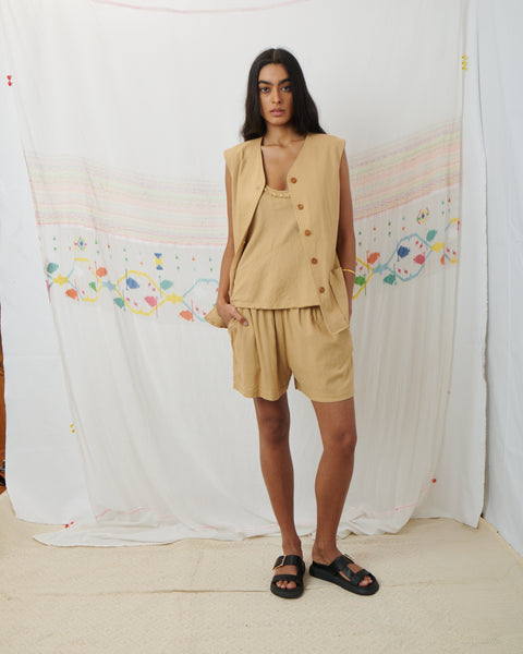 JODHPUR VEST, TAN COTTON LINEN