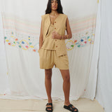 JODHPUR VEST, TAN COTTON LINEN