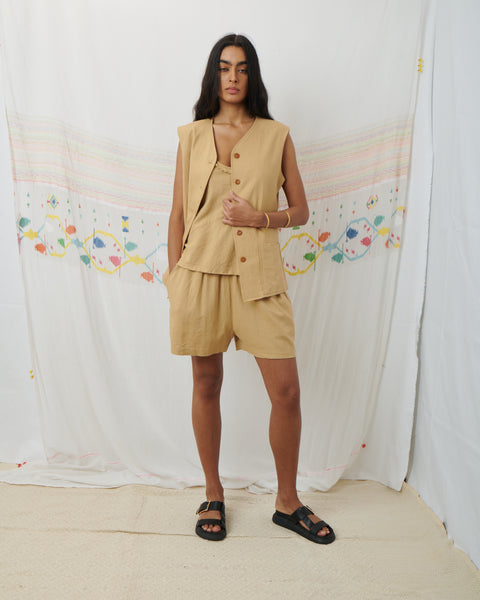 JODHPUR VEST, TAN COTTON LINEN