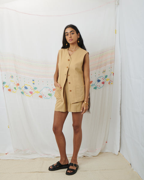 JODHPUR VEST, TAN COTTON LINEN