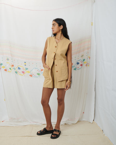 JODHPUR VEST, TAN COTTON LINEN