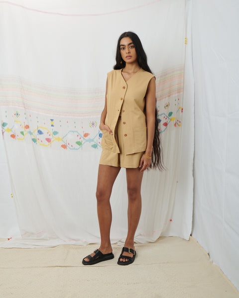 JODHPUR VEST, TAN COTTON LINEN