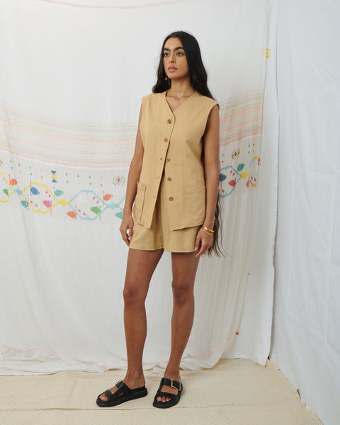JODHPUR VEST, TAN COTTON LINEN