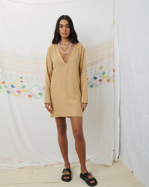 MARATA MINI DRESS, TAN COTTON LINEN