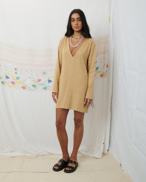 MARATA MINI DRESS, TAN COTTON LINEN