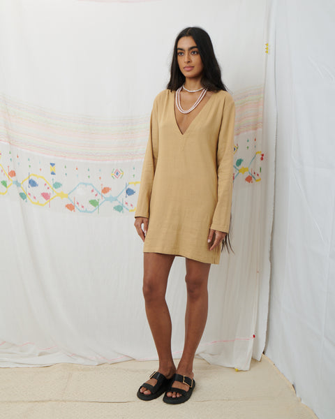 MARATA MINI DRESS, TAN COTTON LINEN