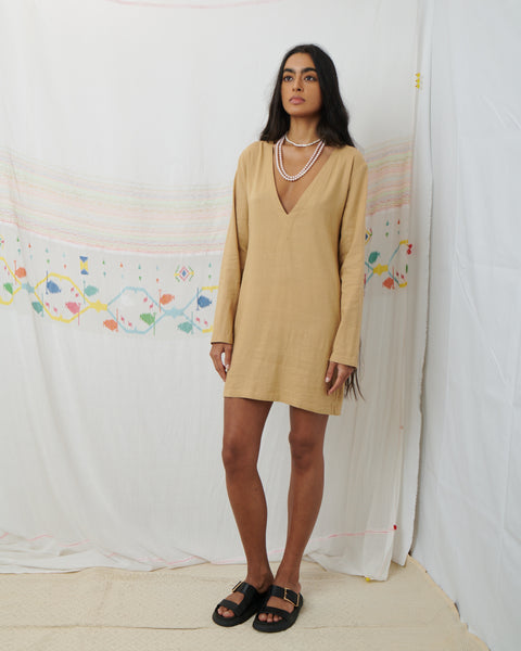 MARATA MINI DRESS, TAN COTTON LINEN