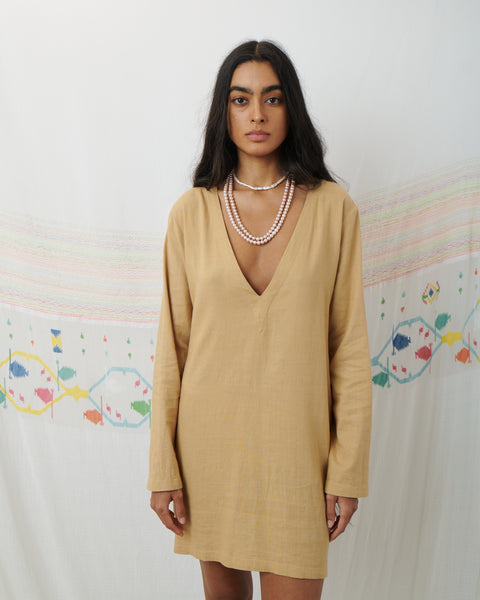 MARATA MINI DRESS, TAN COTTON LINEN