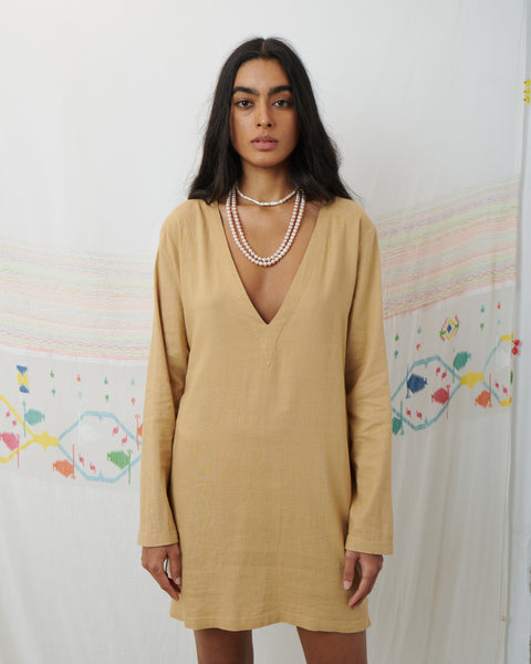 MARATA MINI DRESS, TAN COTTON LINEN