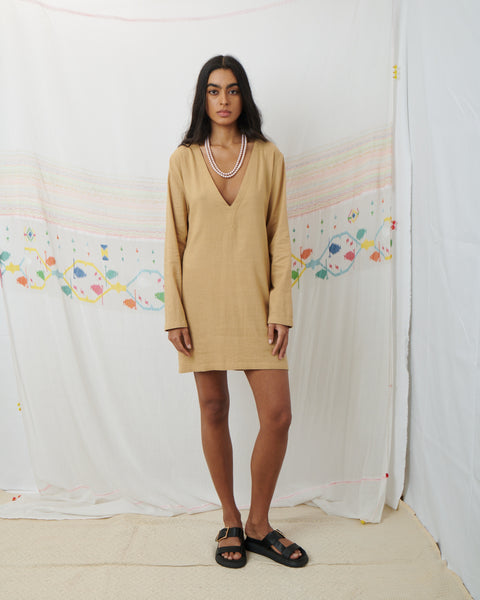 MARATA MINI DRESS, TAN COTTON LINEN