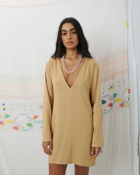 MARATA MINI DRESS, TAN COTTON LINEN