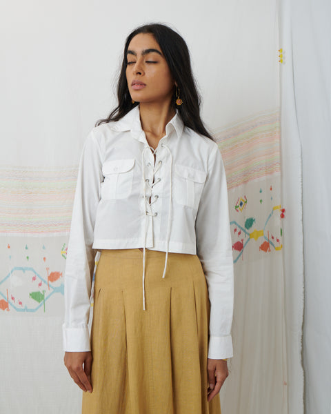 SWATANTRA CROPPED SHIRT, WHITE COTTON POPLIN