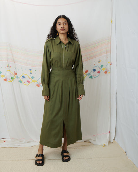 SUNDOWNER SKIRT, OLIVE COTTON LINEN