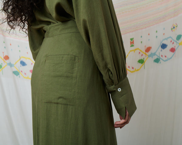 SUNDOWNER SKIRT, OLIVE COTTON LINEN