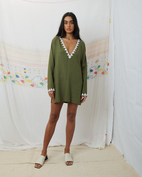 MARATA MINI DRESS, OLIVE COTTON LINEN