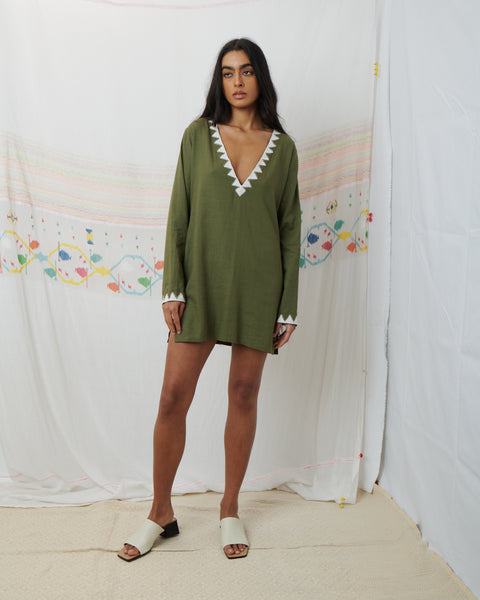 MARATA MINI DRESS, OLIVE COTTON LINEN