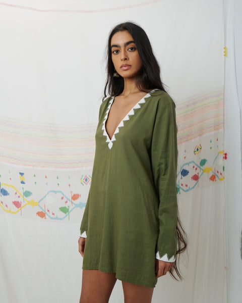 MARATA MINI DRESS, OLIVE COTTON LINEN