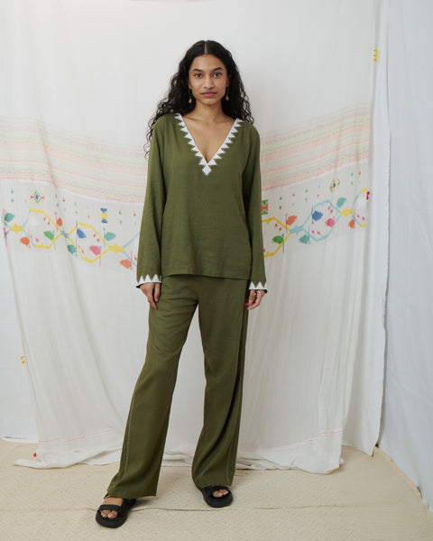 MARATA BLOUSE, OLIVE COTTON LINEN