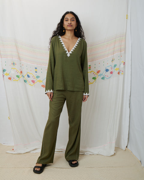 SUNITI PANT, OLIVE COTTON LINEN