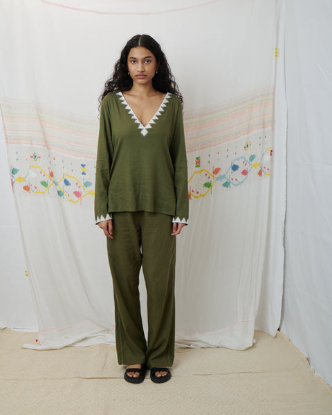 MARATA BLOUSE, OLIVE COTTON LINEN